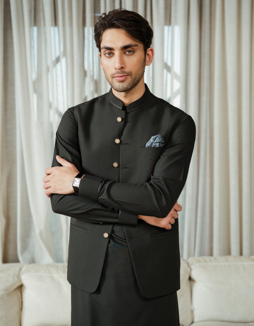 BOTTLE GREEN EXCLUSIVE KAMEEZ SHALWAR + WAISTCOAT