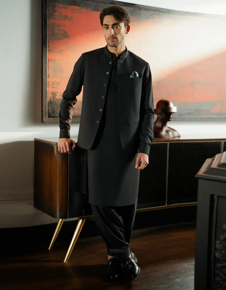 BLACK EXCLUSIVE KAMEEZ SHALWAR + WAISTCOAT