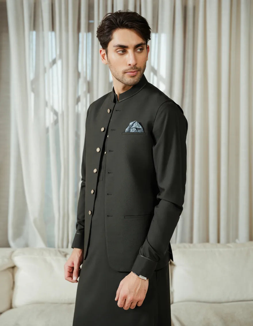 BOTTLE GREEN EXCLUSIVE KAMEEZ SHALWAR + WAISTCOAT