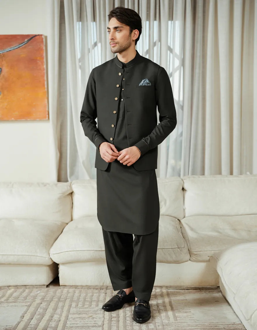 BOTTLE GREEN EXCLUSIVE KAMEEZ SHALWAR + WAISTCOAT