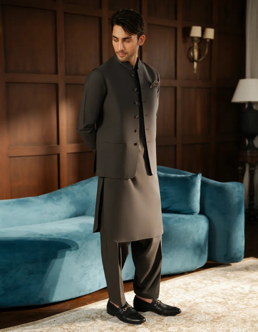 CHARCOAL EXCLUSIVE KAMEEZ SHALWAR + WAISTCOAT