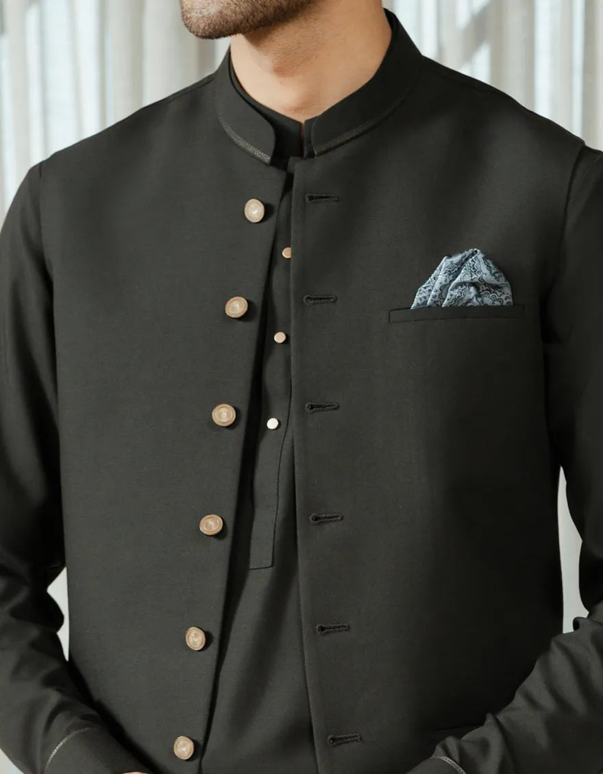 BOTTLE GREEN EXCLUSIVE KAMEEZ SHALWAR + WAISTCOAT