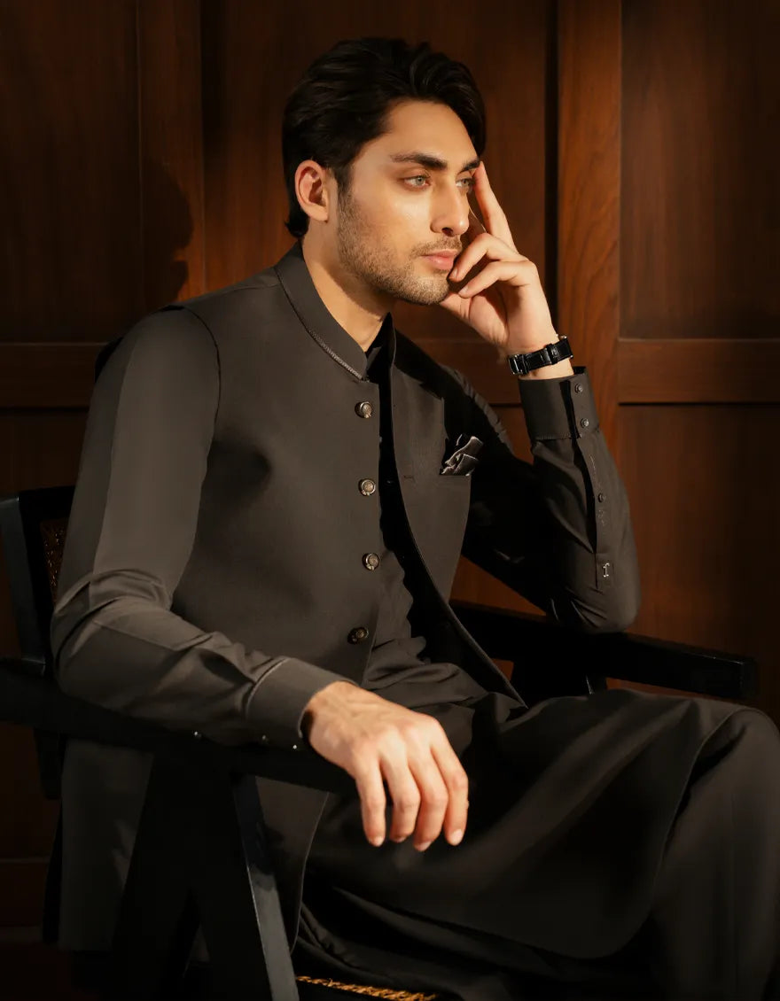 CHARCOAL EXCLUSIVE KAMEEZ SHALWAR + WAISTCOAT