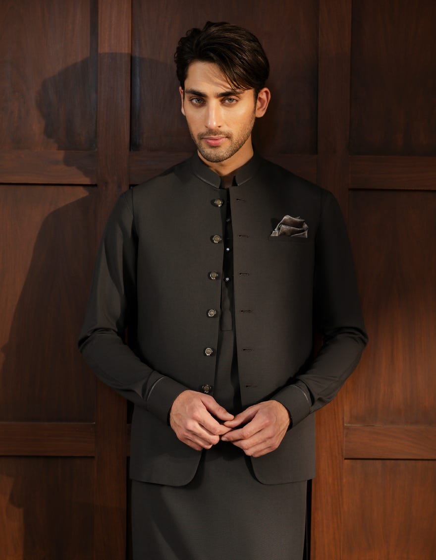 CHARCOAL EXCLUSIVE KAMEEZ SHALWAR + WAISTCOAT
