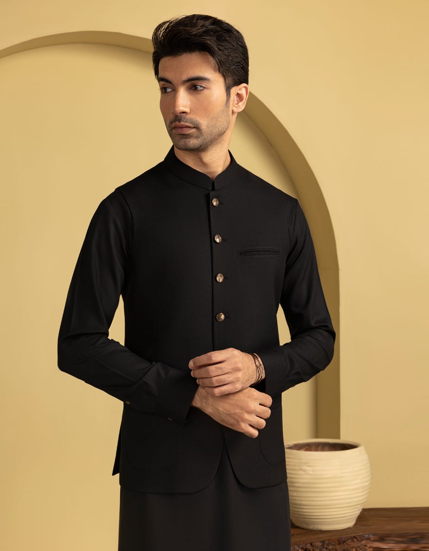 BLACK BLENDED EXCLUSIVE KAMEEZ SHALWAR & WAISTCOAT