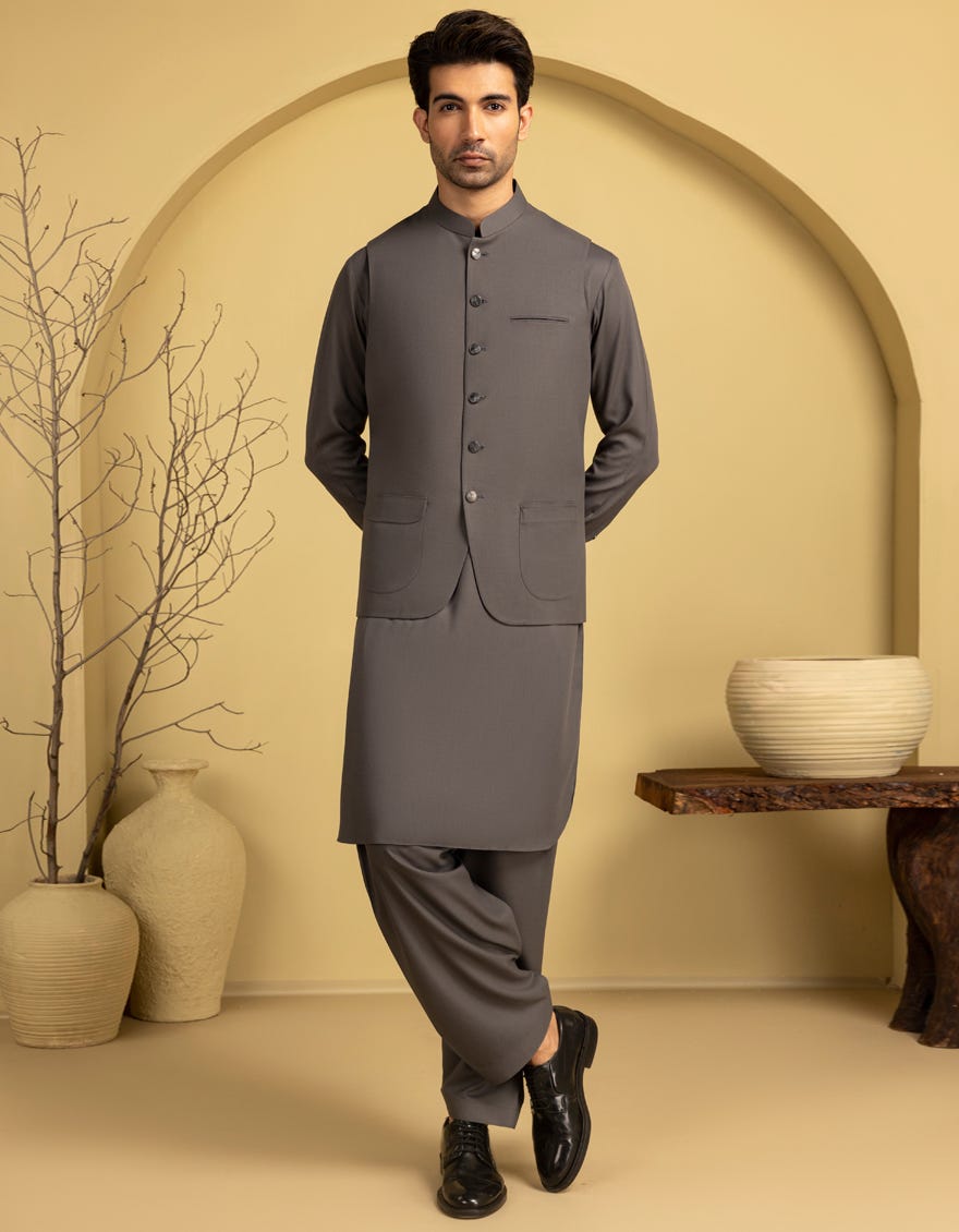 GREY BLENDED EXCLUSIVE KAMEEZ SHALWAR & WAISTCOAT
