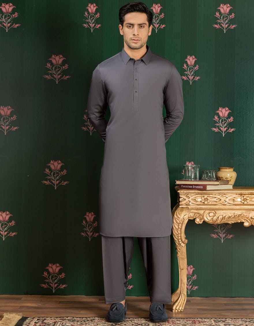 DARK GREY COTTON  UNSTITCHED KAMEEZ SHALWAR FABRIC | JJMS-2023