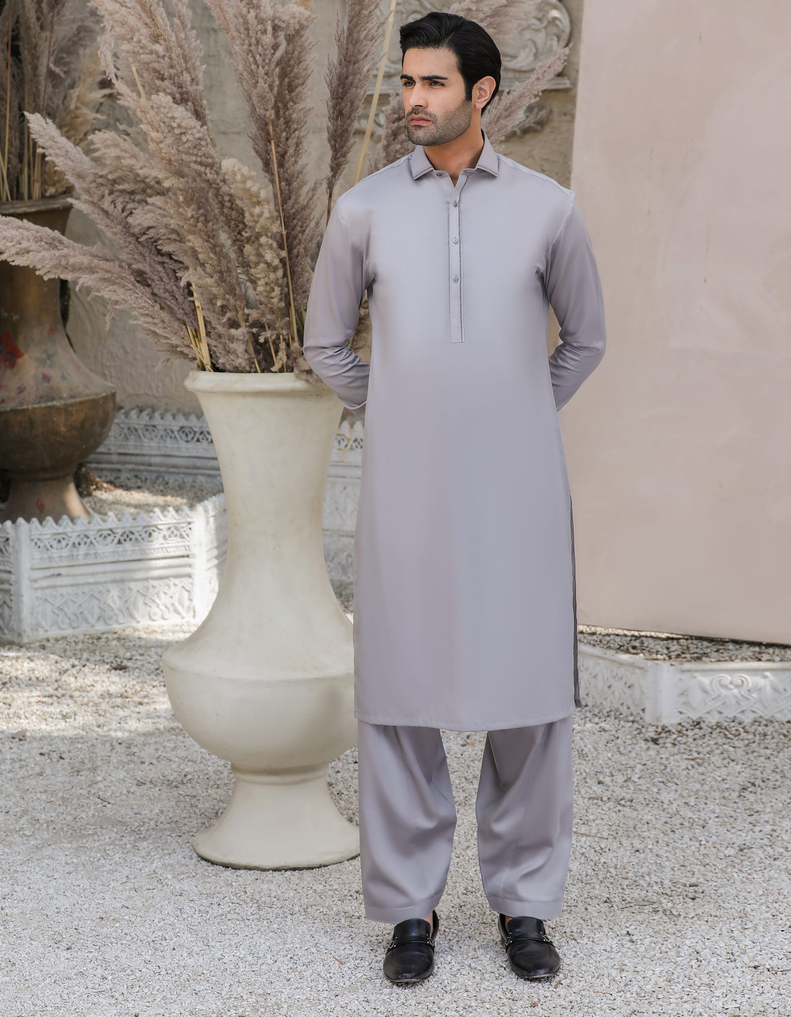 ASH GREY COTTON UNSTITCHED KAMEEZ SHALWAR FABRIC | JJMS-2064