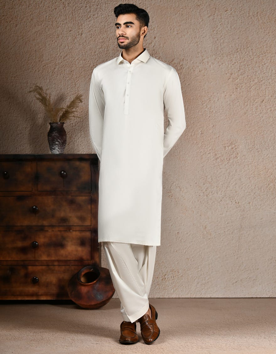 OFF WHITE BLENDED UNSTITCHED KAMEEZ SHALWAR FABRIC