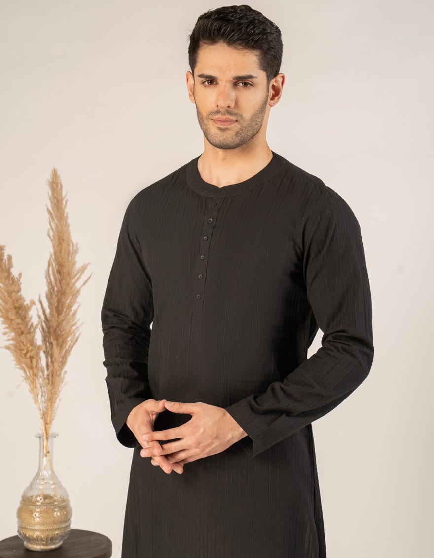 BLACK BUNNAT COTTON CASUAL SHORT KURTA