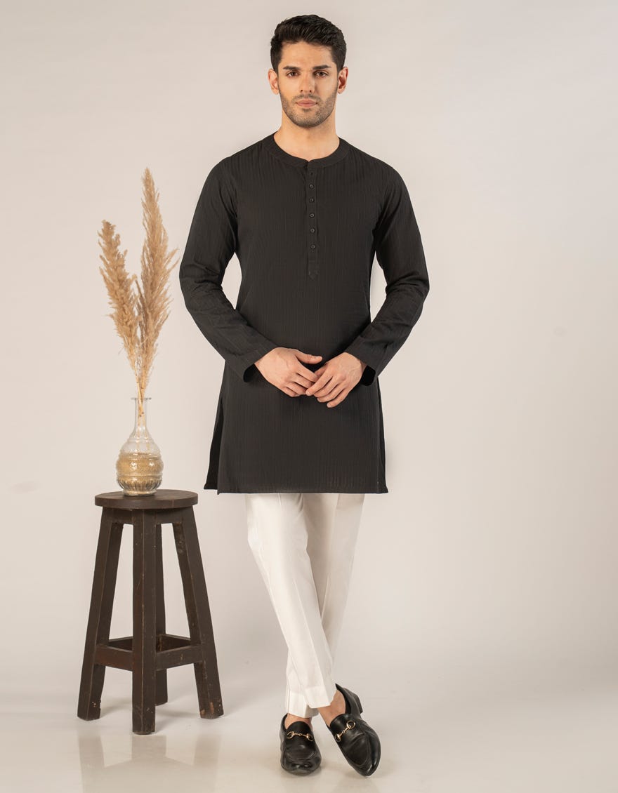 BLACK BUNNAT COTTON CASUAL SHORT KURTA