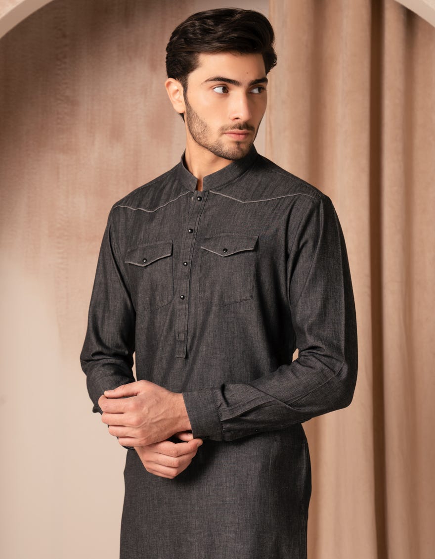 DENIM BLACK COTTON CASUAL SHORT KURTA