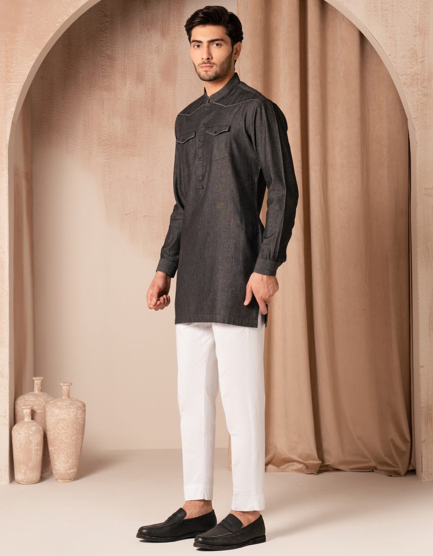 DENIM BLACK COTTON CASUAL SHORT KURTA