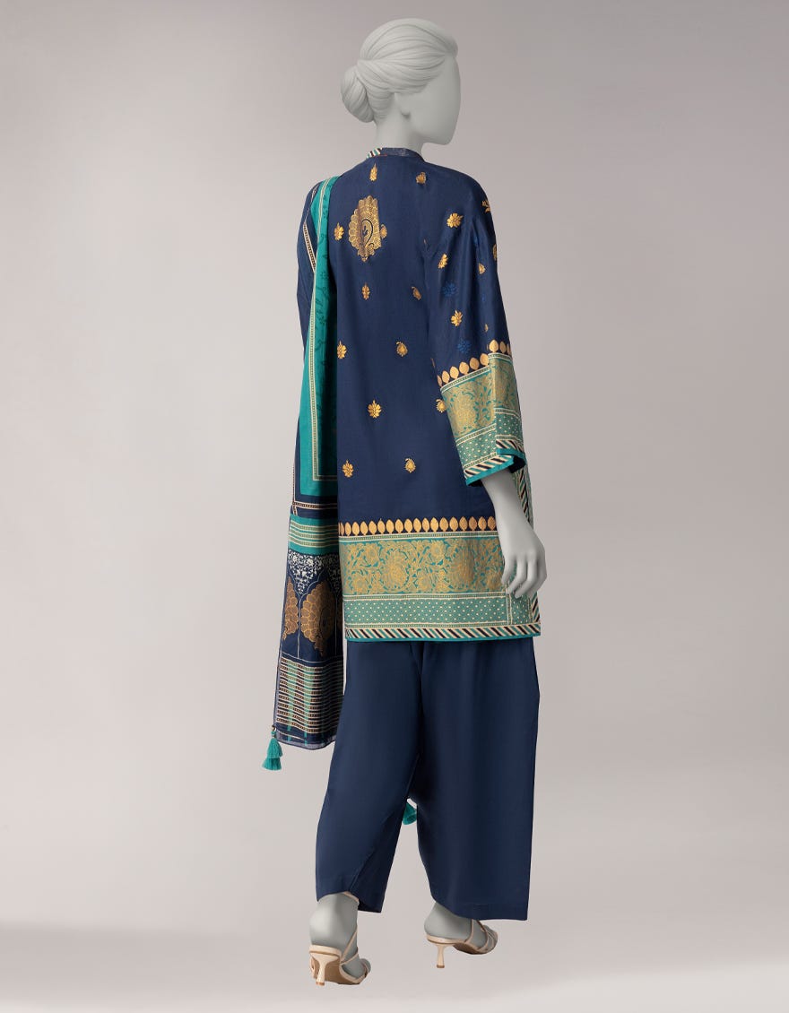 BLUE LAWN GOLD PRINTED STITCHED 3PC