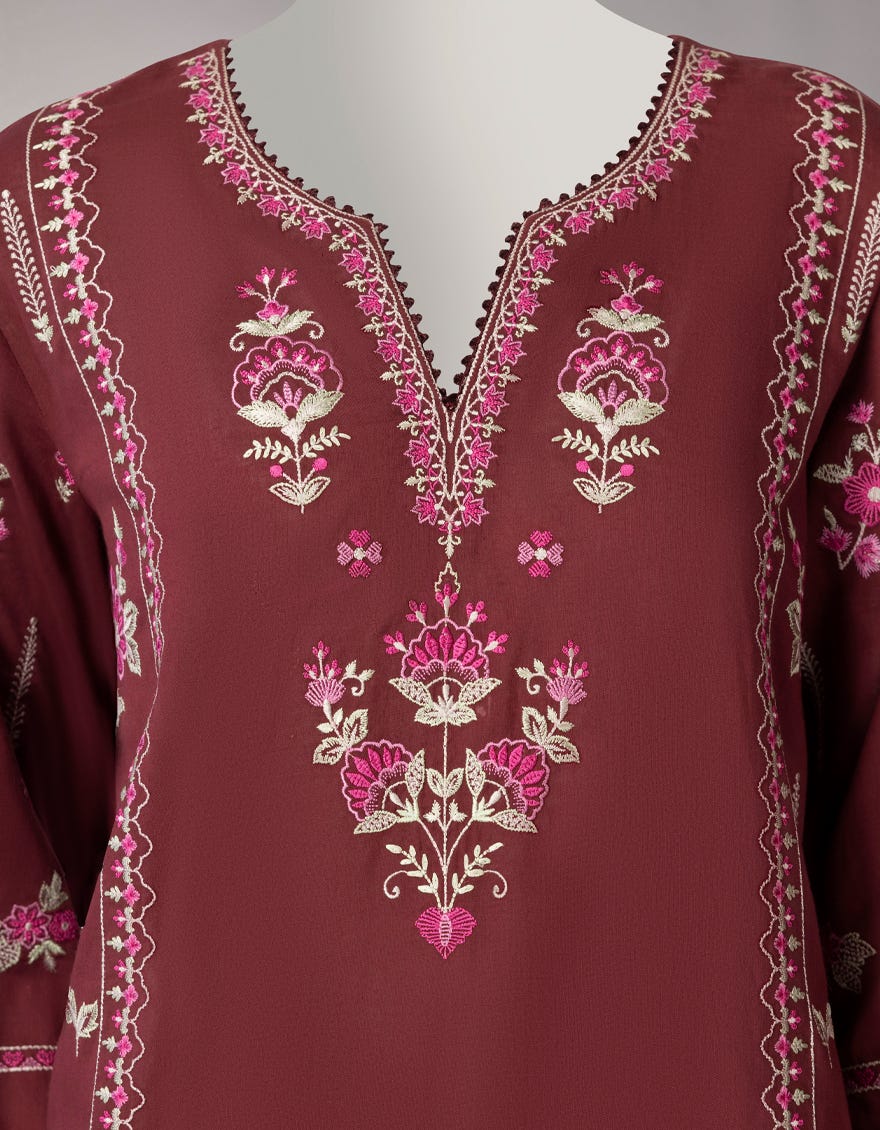 MAROON LAWN EMBROIDERED STITCHED 3PC