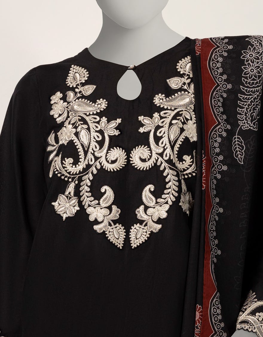 BLACK LAWN EMBROIDERED 3PC STITCHED