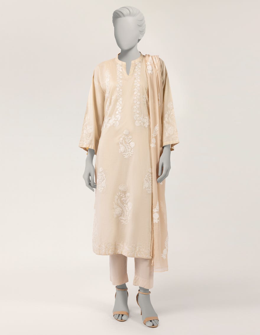 BEIGE LAWN EMBROIDERED STITCHED 3PC