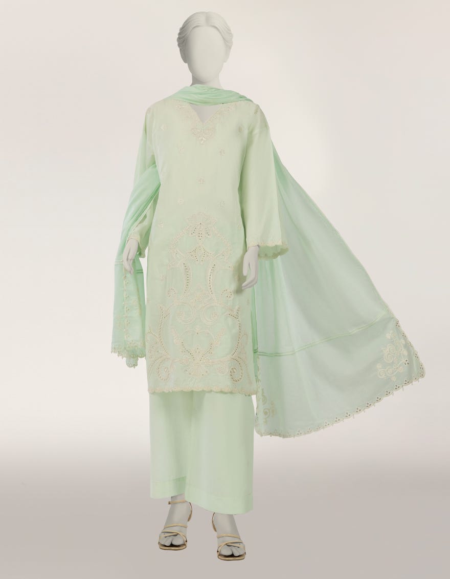 GREEN EMBROIDERED STITCHED 3PC