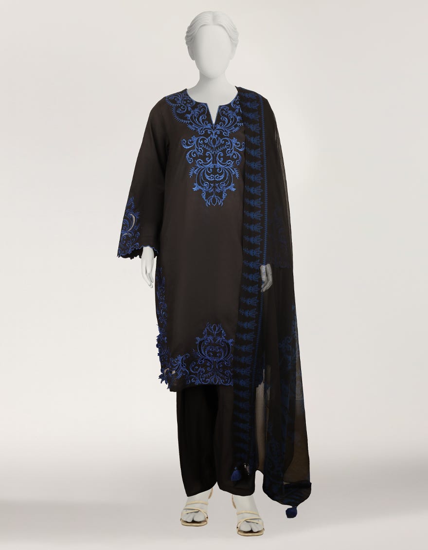 BLACK LAWN EMBROIDERED STITCHED 3PC
