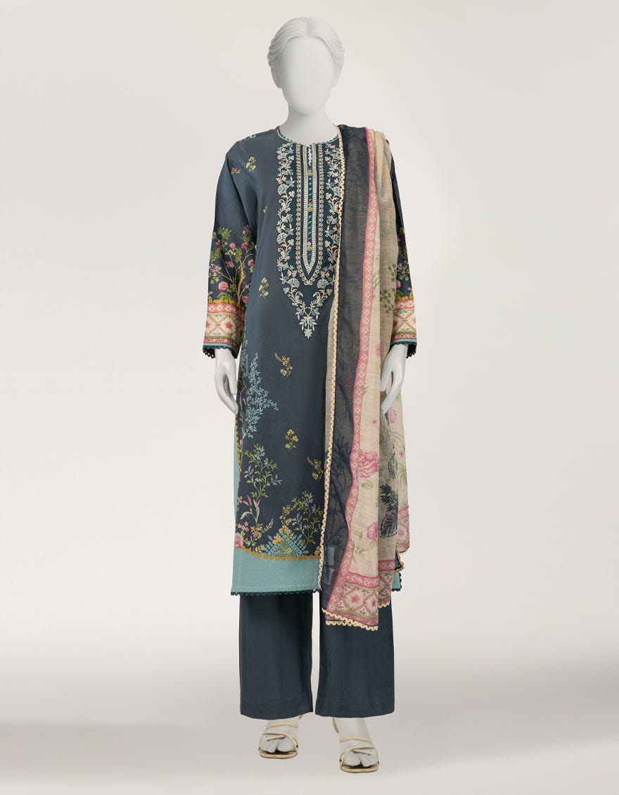 GREY LAWN EMBROIDERED STITCHED 3PC