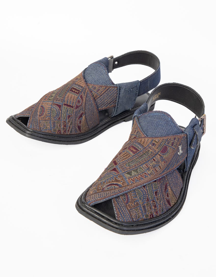 DENIM BLUE EMBROIDERED PESHAWARI SANDALS