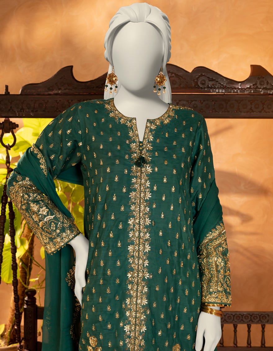 GREEN RAW SILK EMBROIDERED 3PC STITCHED