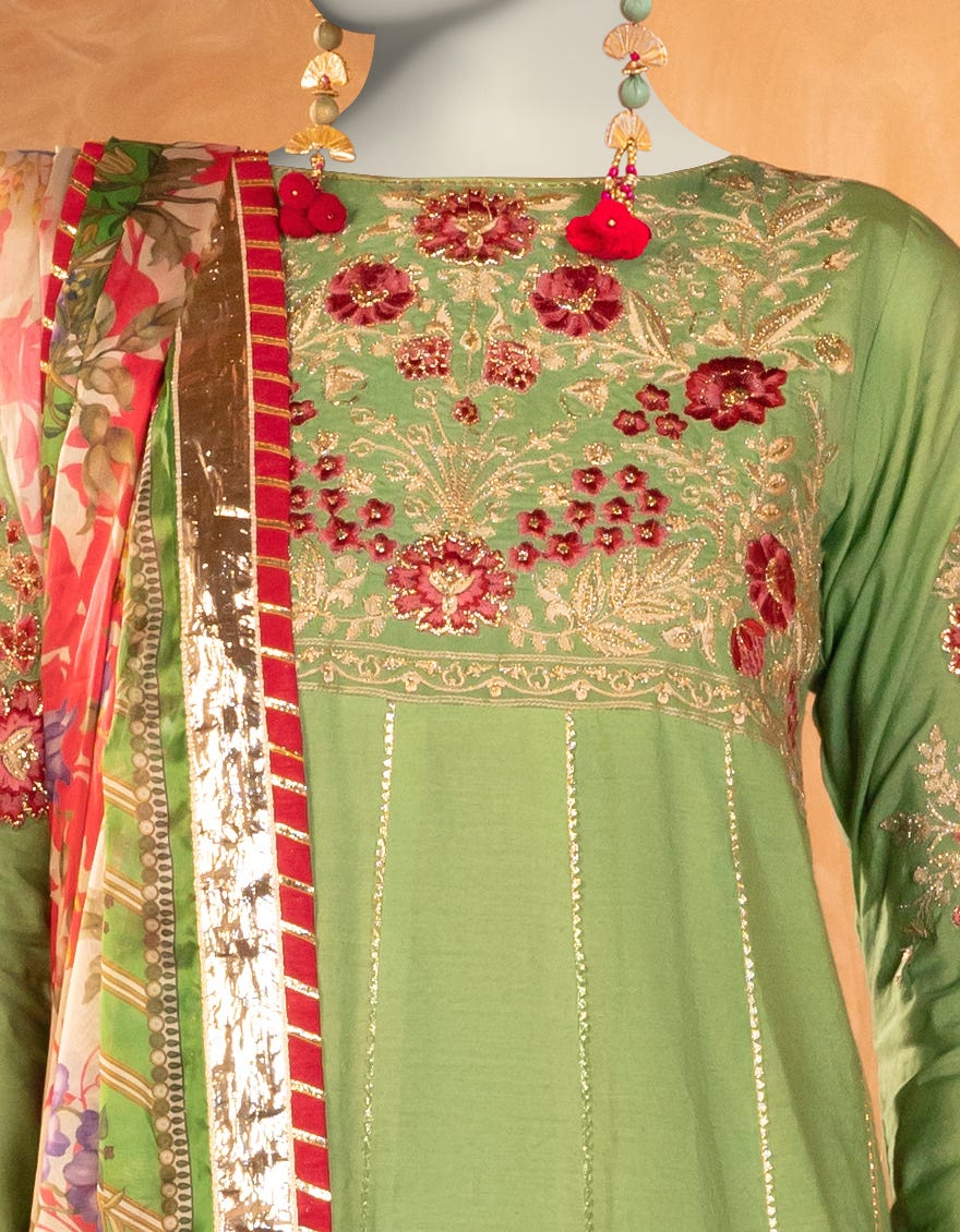GREEN COTTON SILK EMBROIDERED 3PC STITCHED