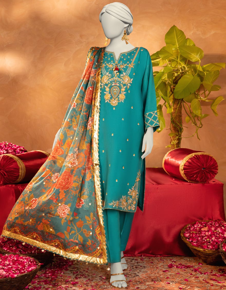 BLUE COTTON SILK EMBROIDERED 3PC STITCHED