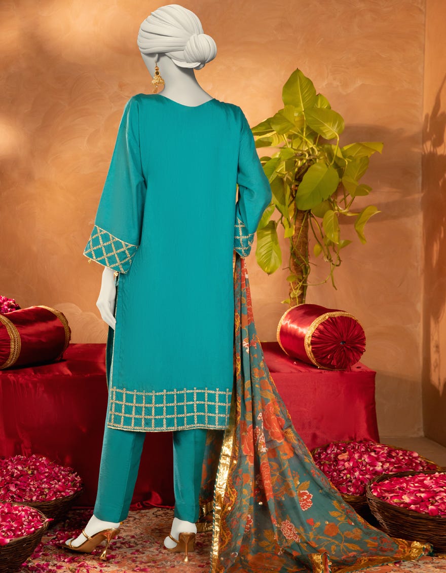 BLUE COTTON SILK EMBROIDERED 3PC STITCHED
