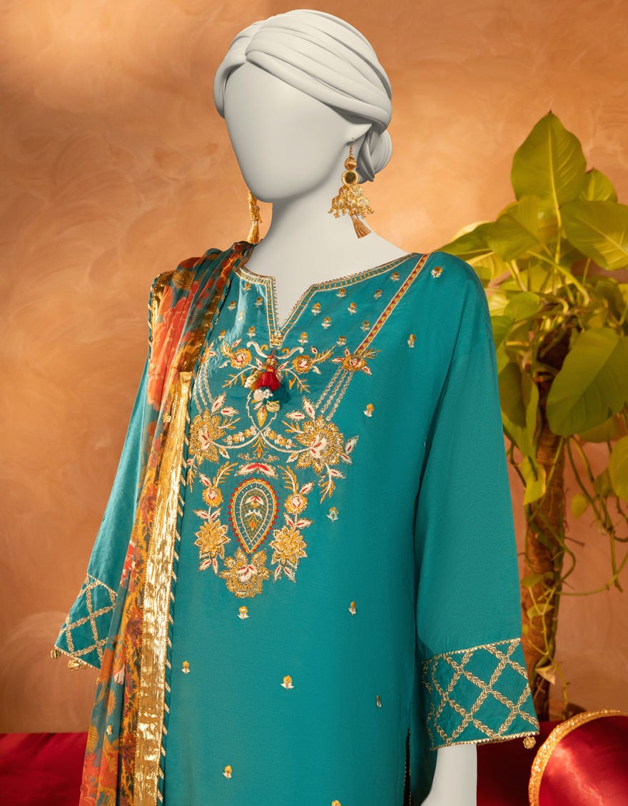 BLUE COTTON SILK EMBROIDERED 3PC STITCHED