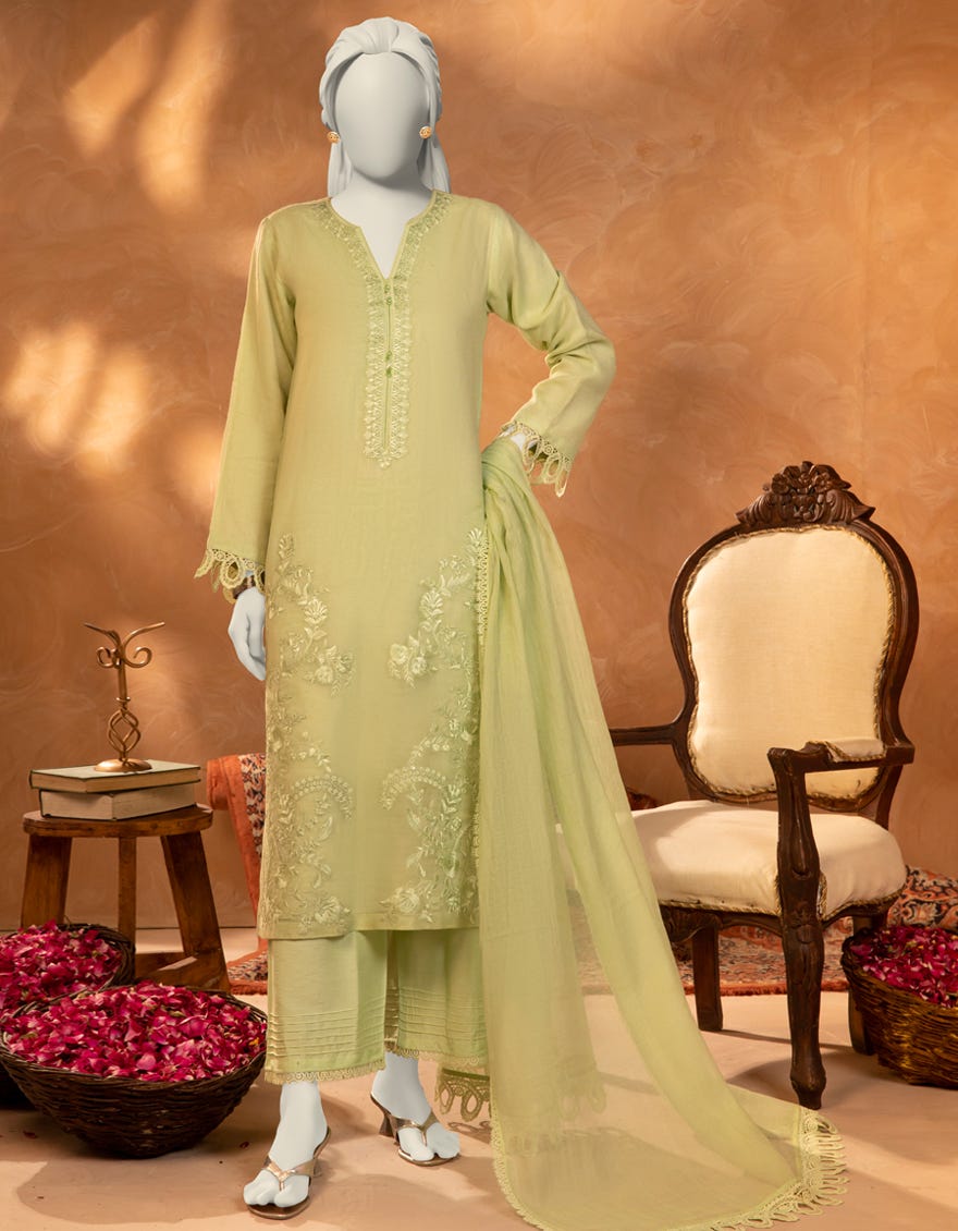 GREEN KHADDI EMBROIDERED 3PC STITCHED