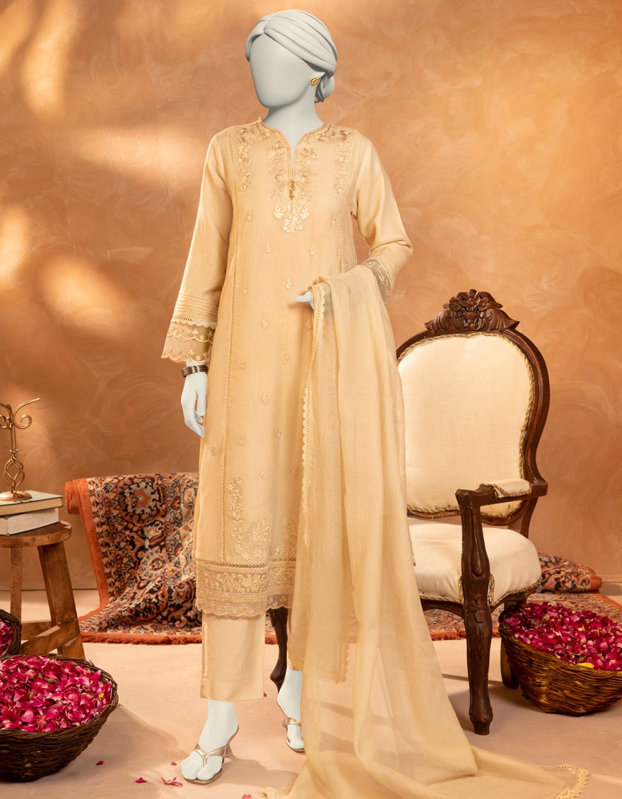 BEIGE COTTON NET EMBROIDERED 3PC STITCHED