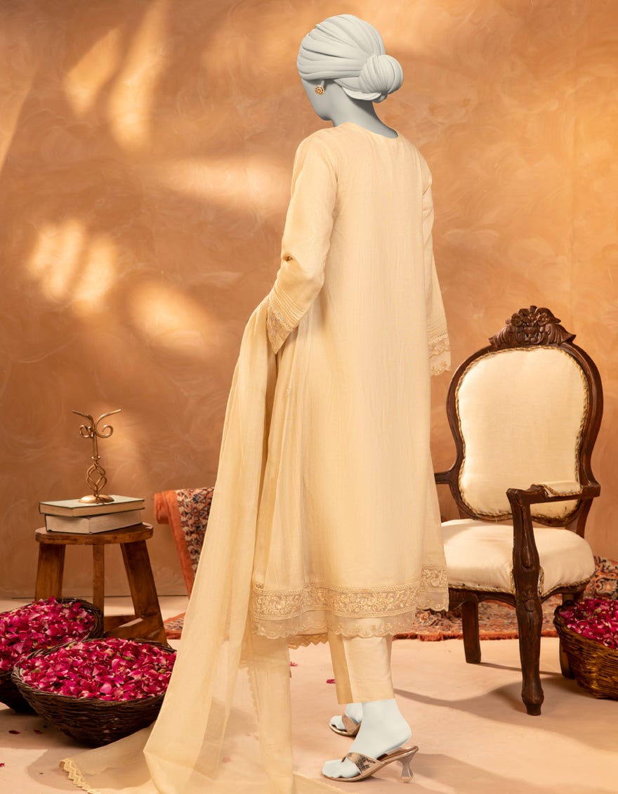 BEIGE COTTON NET EMBROIDERED 3PC STITCHED