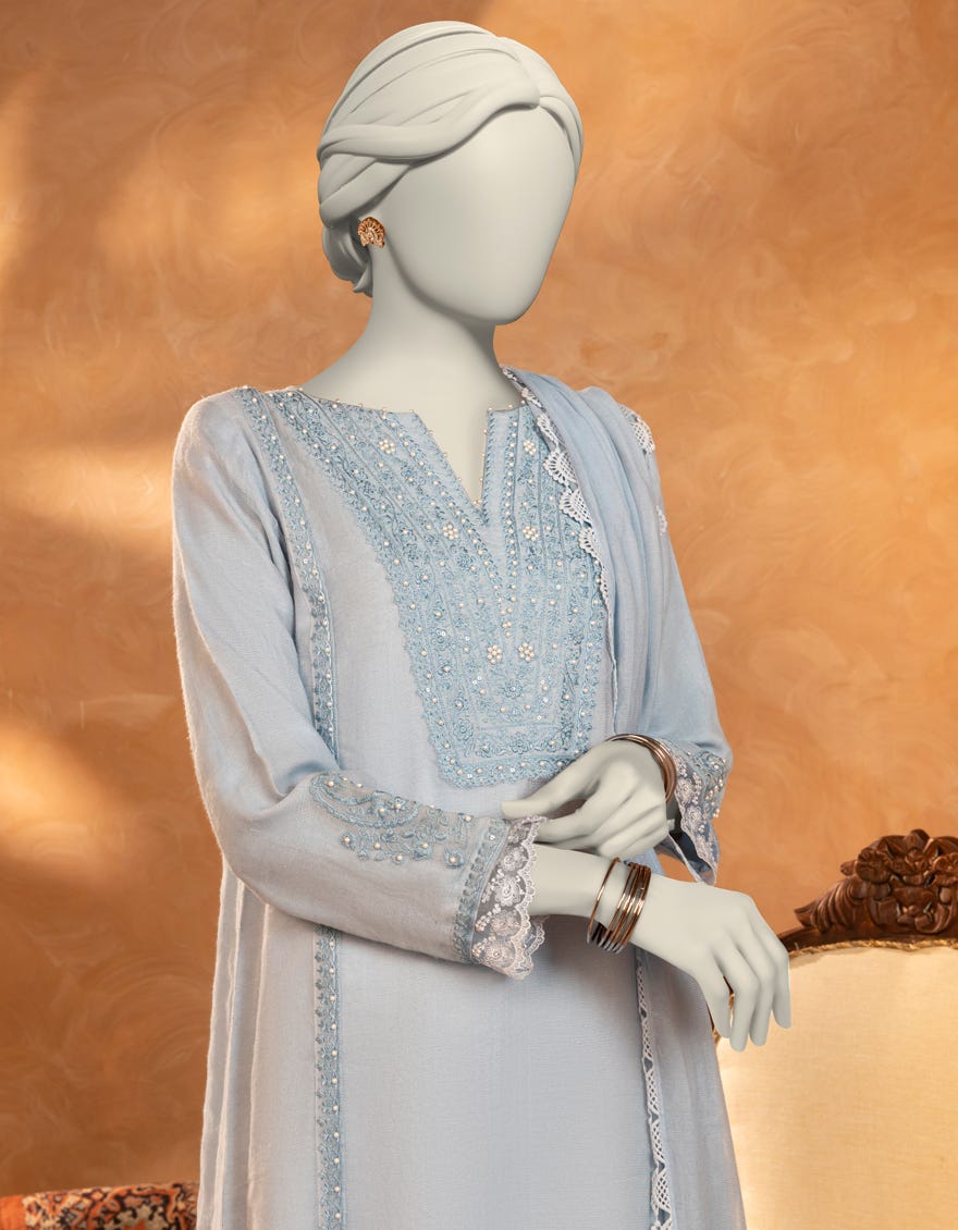 BLUE COTTON NET EMBROIDERED 3PC STITCHED