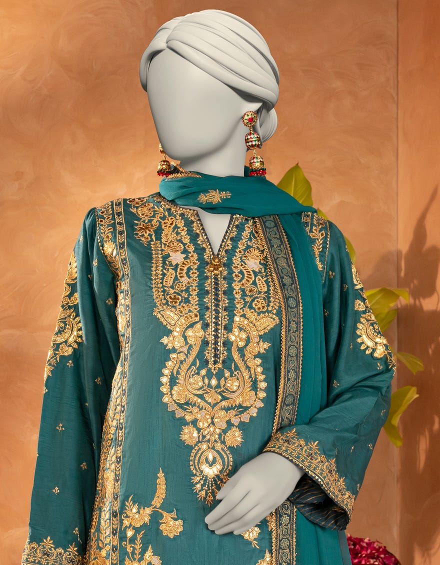 GREEN RAW SILK EMBROIDERED 3PC STITCHED
