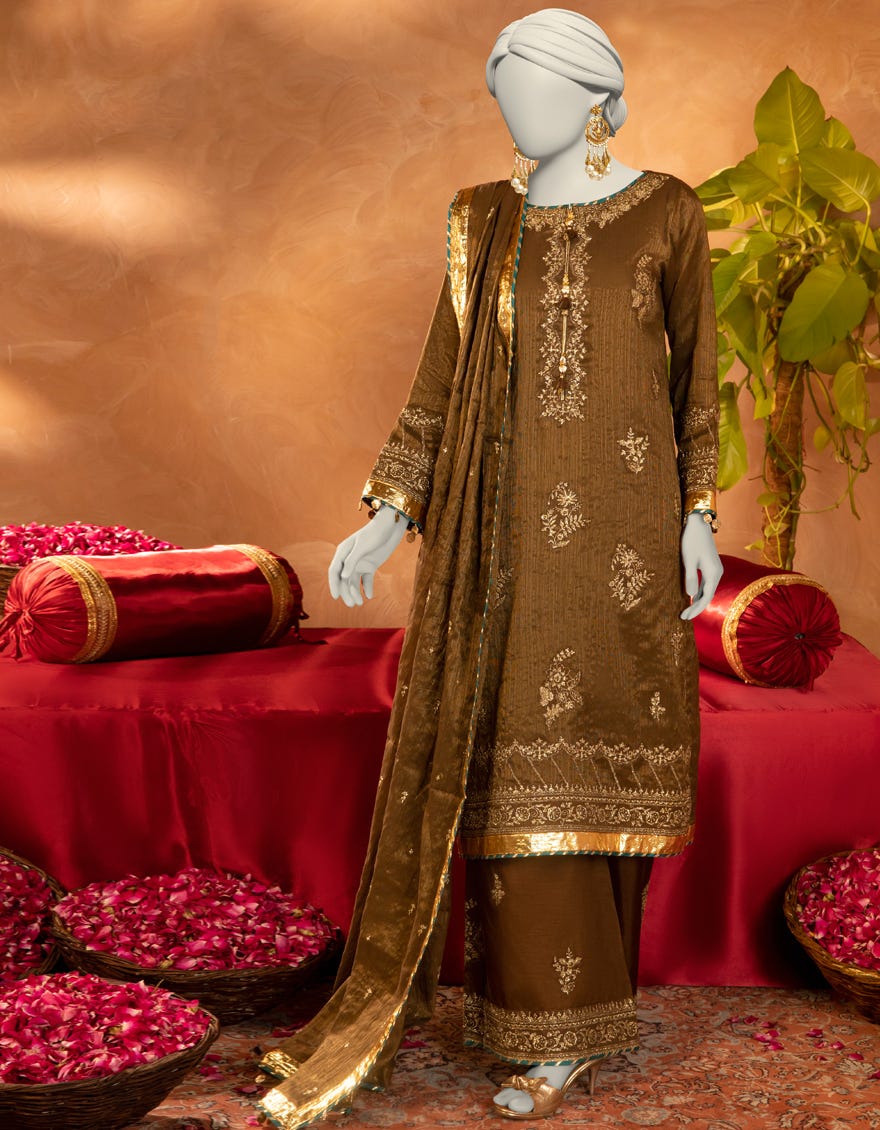 BROWN COTTON NET EMBROIDERED 3PC STITCHED