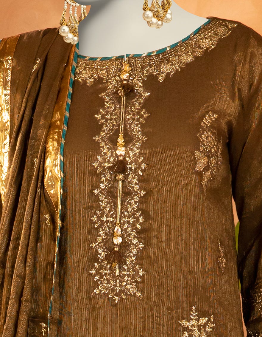 BROWN COTTON NET EMBROIDERED 3PC STITCHED