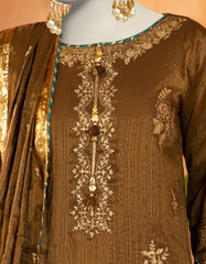 BROWN COTTON NET EMBROIDERED 3PC STITCHED