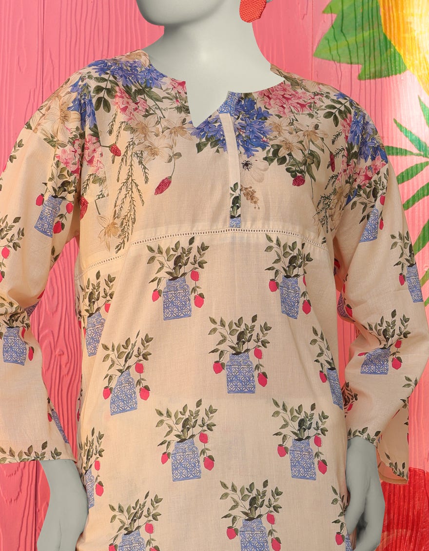 CREAM LAWN PRINTED KURTI