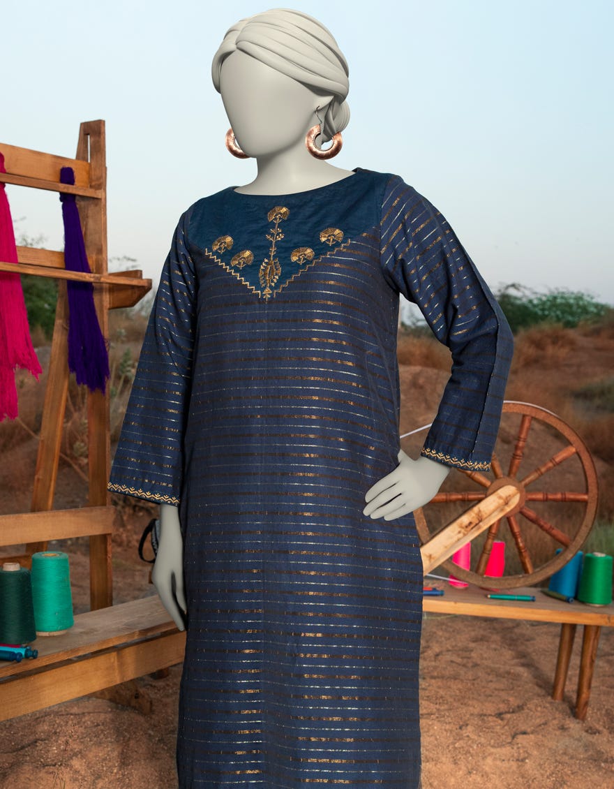 BLUE JACQUARD EMBROIDERED KURTI | JJLK-S-JSS-25-320