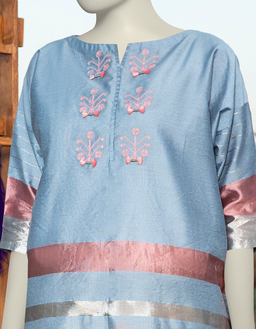 BLUE JACQUARD EMBROIDERED KURTI | JJLK-S-JSS-25-322