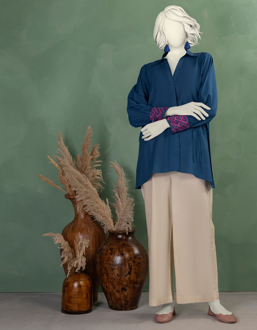 BLUE DOBBY EMBROIDERED KURTI