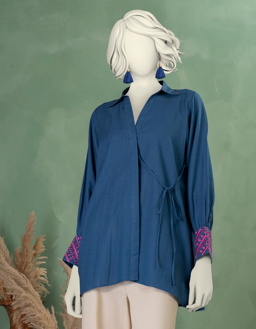 BLUE DOBBY EMBROIDERED KURTI