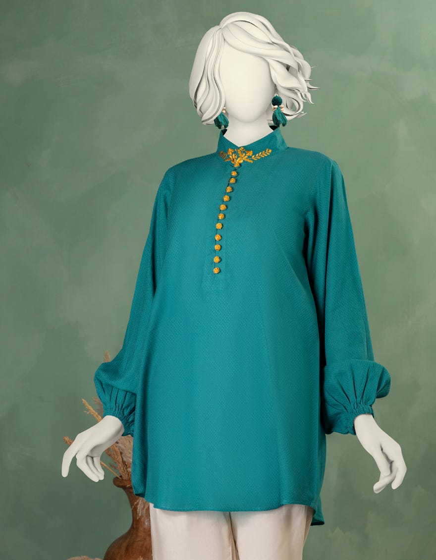 GREEN DOBBY EMBROIDERED KURTI