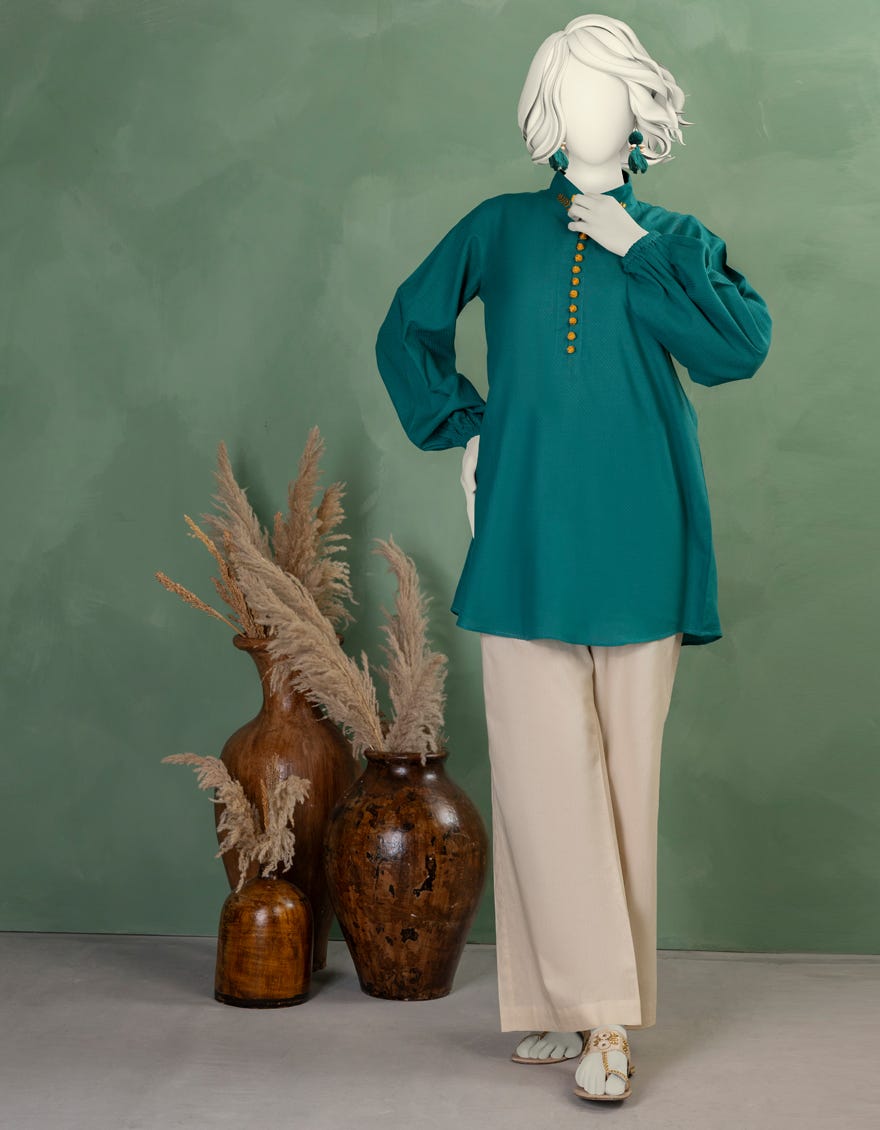 GREEN DOBBY EMBROIDERED KURTI