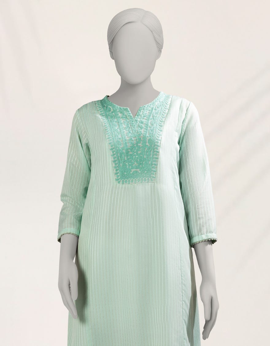 GREEN DOBBY EMBROIDERED KURTI