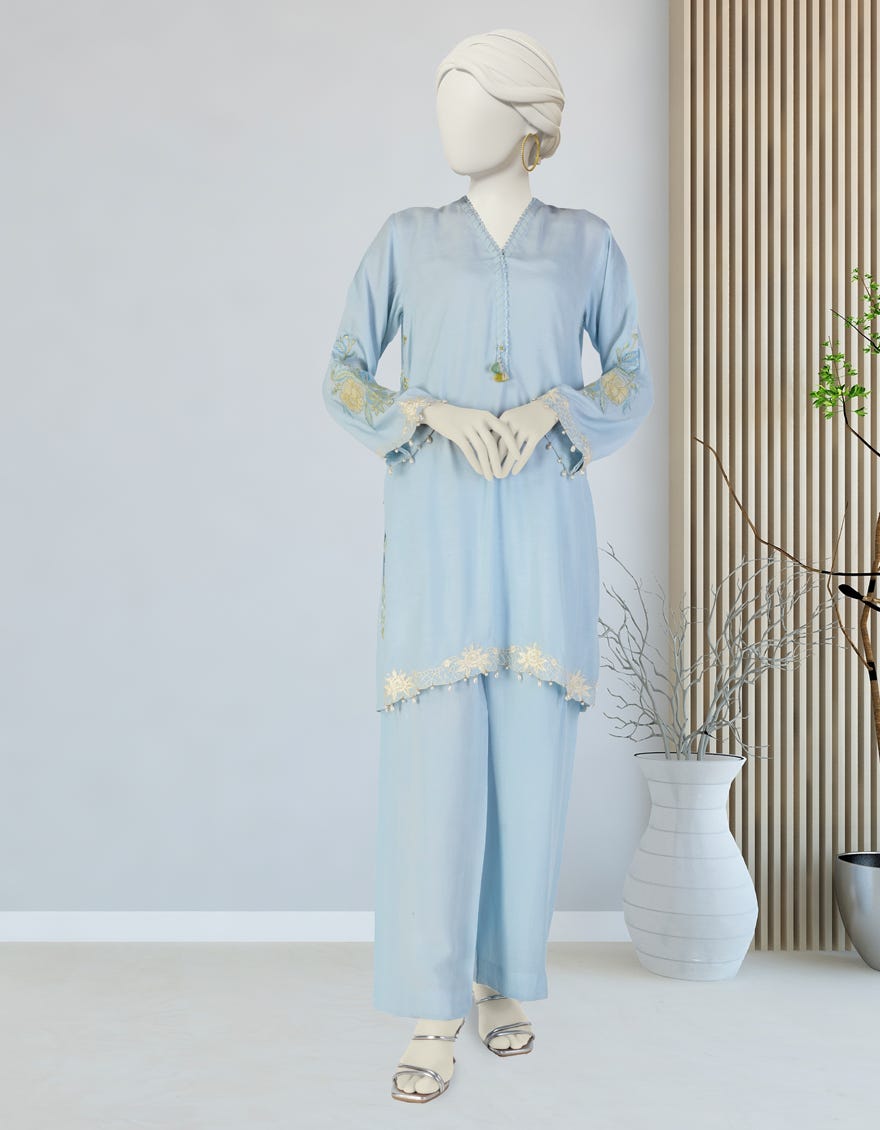 BLUE MAPLE SILK EMBROIDERED 2PC STITCHED