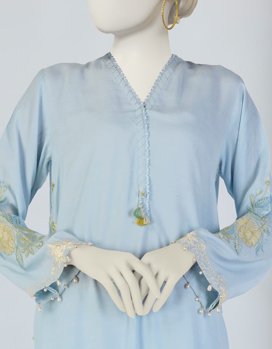 BLUE MAPLE SILK EMBROIDERED 2PC STITCHED