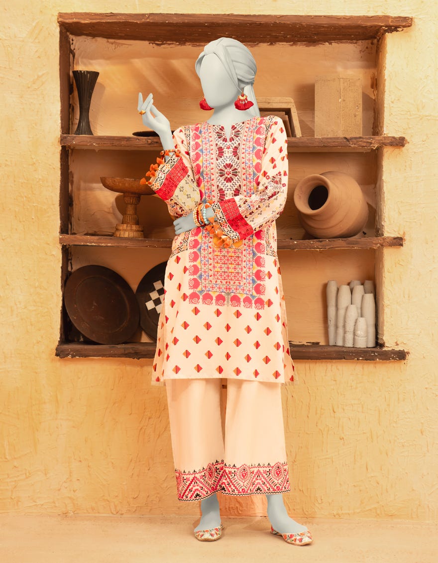 BEIGE CAMBRIC EMBROIDERED UNSTITCHED 2PC