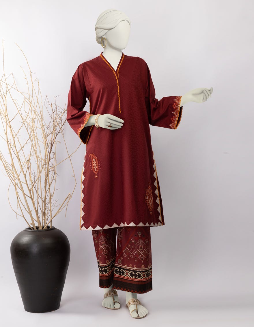 MAROON DOBBY EMBROIDERED 2PC STITCHED